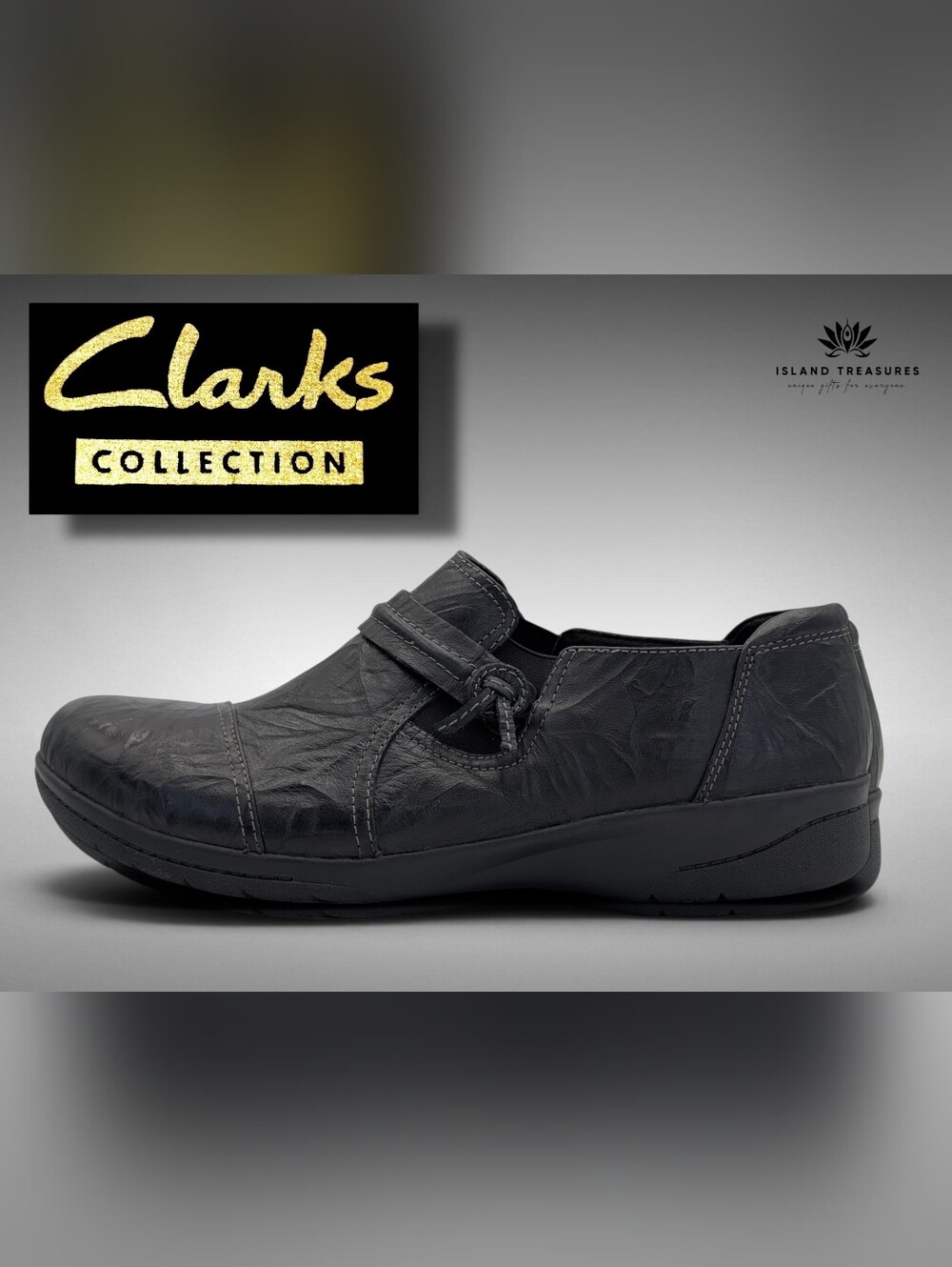 NWT Clarks Cheyn Madi Sz 11Wide Black Crinkle Leather Slip-On Loafer Knot Strap